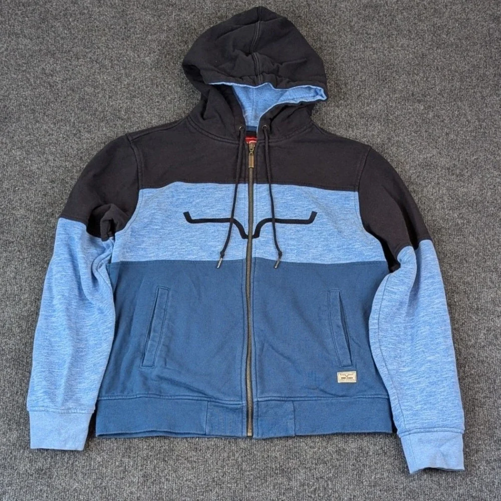 Kimes Ranch Mens Full Zip Hoodie Blue Black Colorblock Fleece Sweatshirt Large